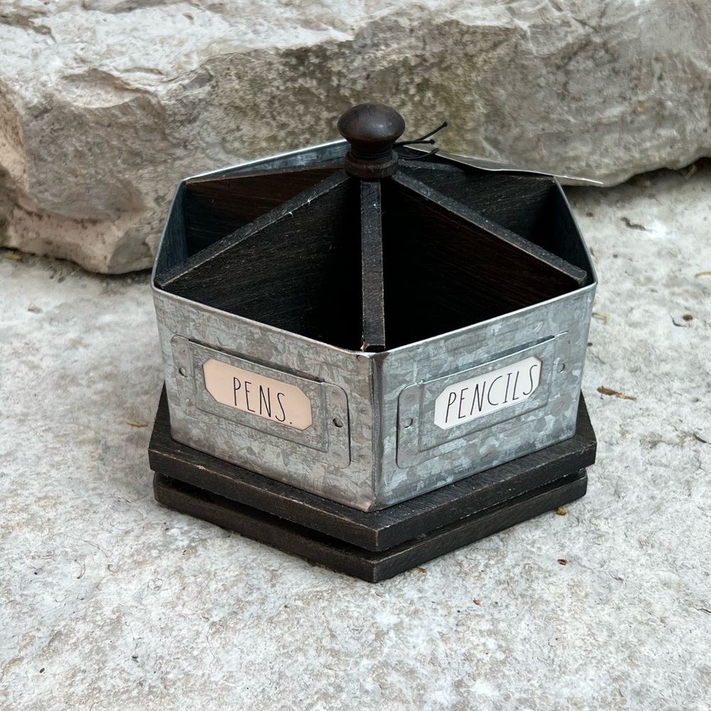 Rae Dunn Wooden and Metal Rotating Stationery  Desk Organizer